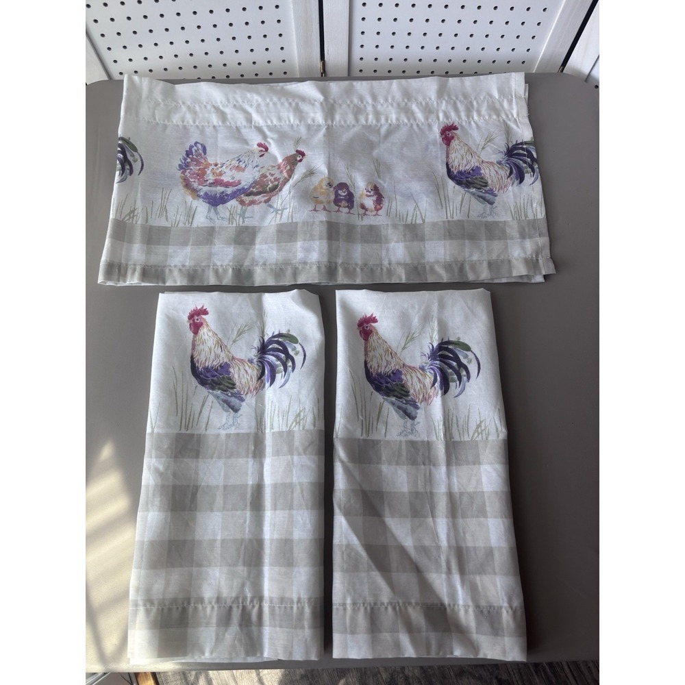 Chicken Rooster Hen Checkered Rustic Farmhouse Tier‎ and Valance Curtain Set